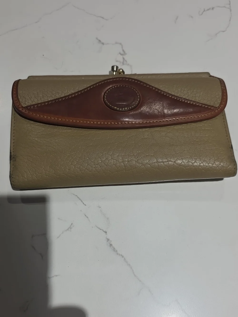 Dooney & Bourk Vintage Two-Tone Leather Clutch Wallet - Taupe and Chestnut